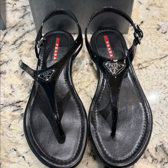 Prada Glossy Black T-Strap Sandals - Picture 2 of 4